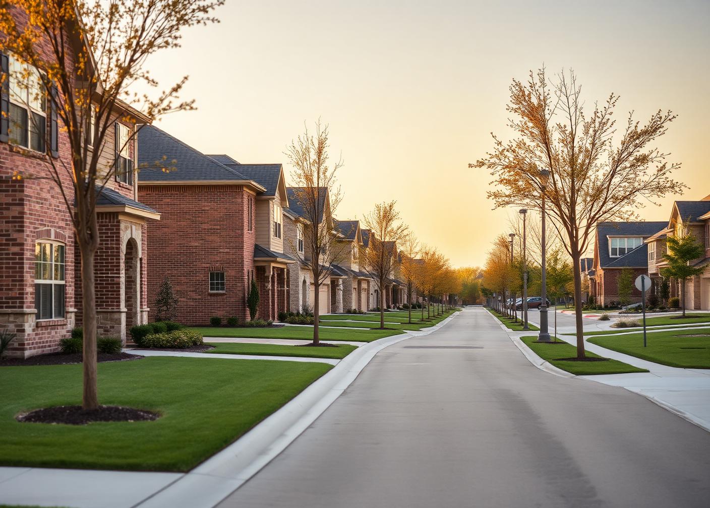 Newly built homes on a street in the Bel Air Village community in Sherman, Texas