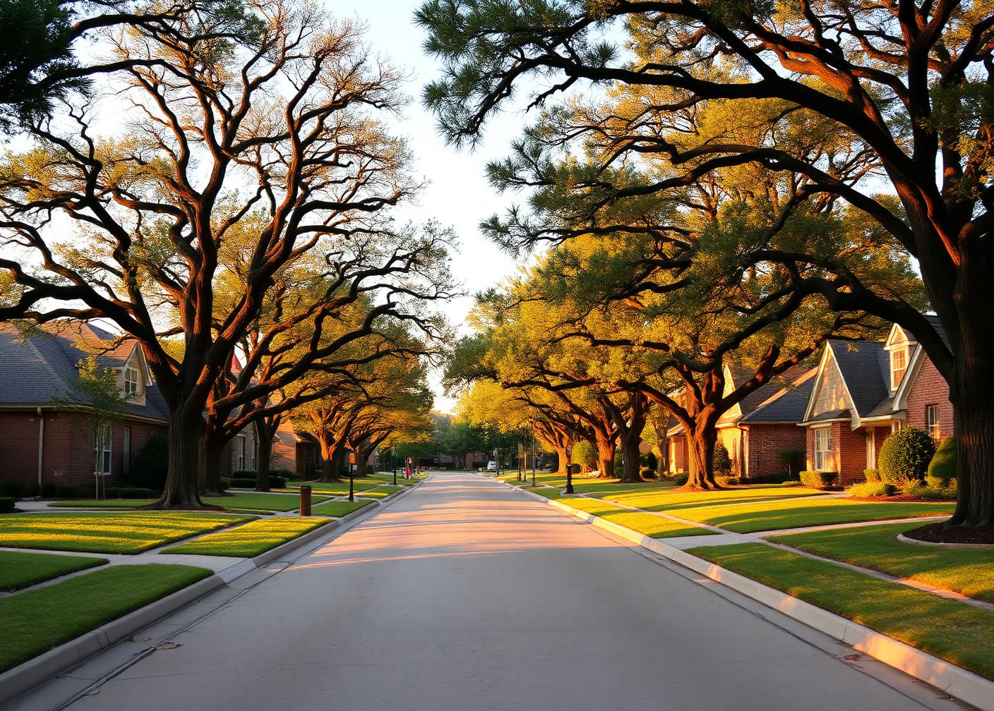 Tree lined street in the Heritage Ranch neighborhood of Sherman, Texas